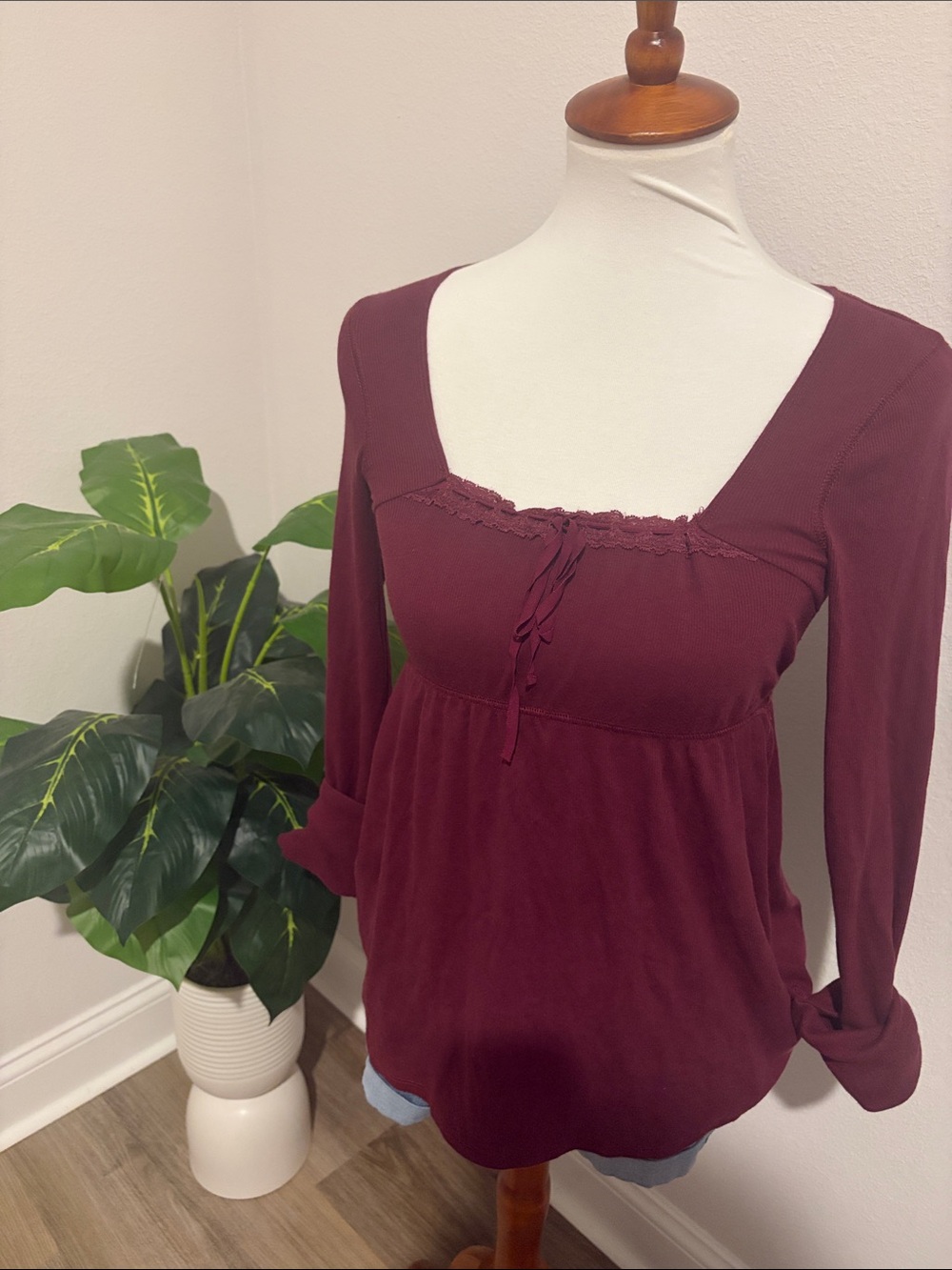 Hollister Burgundy Square-Neck Long Sleeve Top